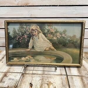 Vintage 1920s Golden Hours Print Little Girl Pond Scene Cottagecore Chic 13.5x8